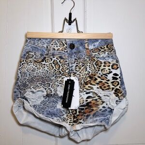 One Teaspoon Blue Leopard Print Jean Shorts